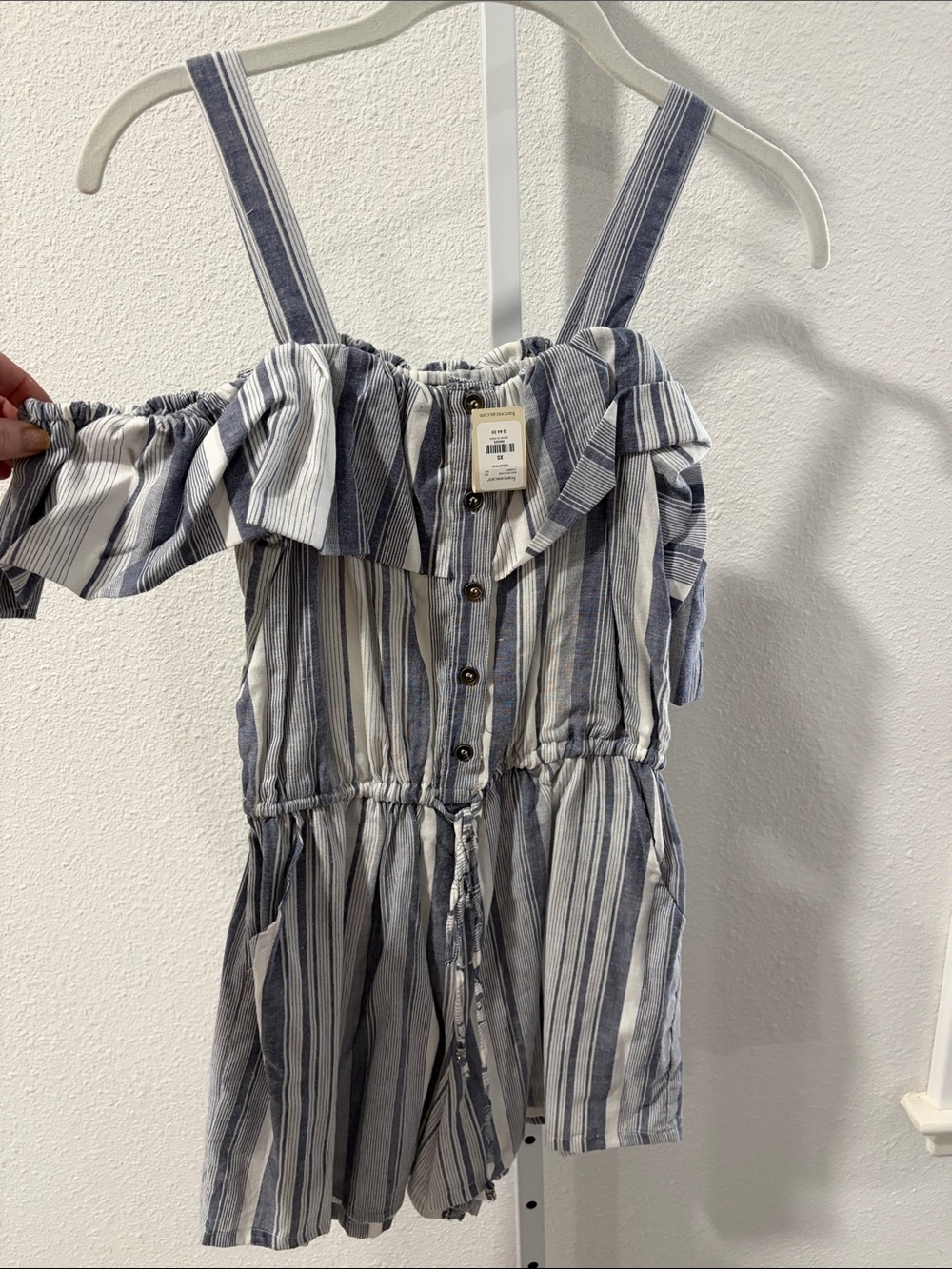 Francesca's Collections Blue and White Striped Off-Shoulder Romper